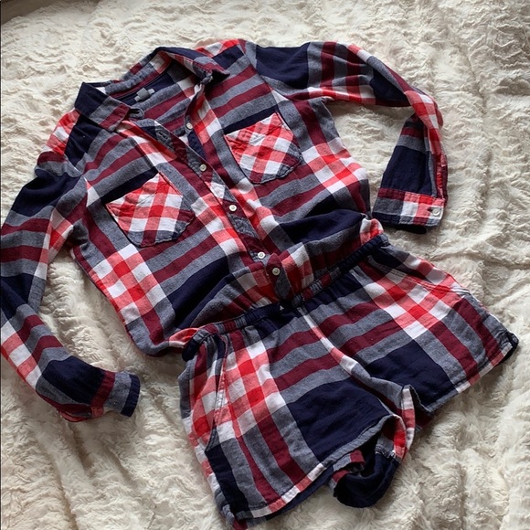aerie Pants - Aerie Flannel Romper Red White & Blue